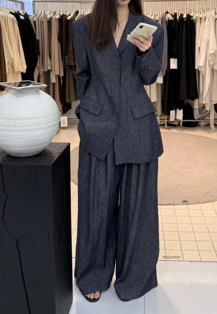 Summer -Denim Linen Blazer Pants Set  Two Piece