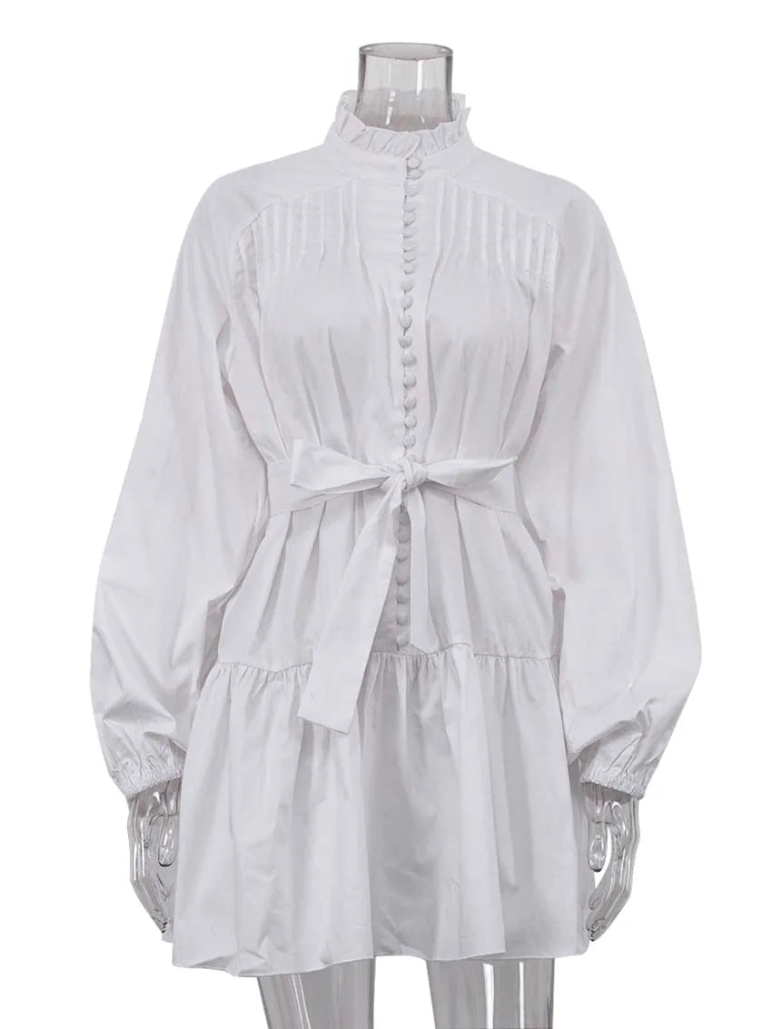 White Cotton Dress Casual - Long Sleeve