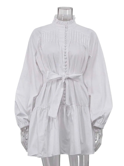 White Cotton Dress Casual - Long Sleeve