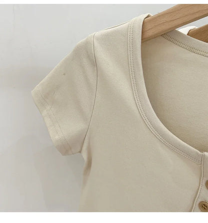 Button T-Shirt Tops Cotton Slim