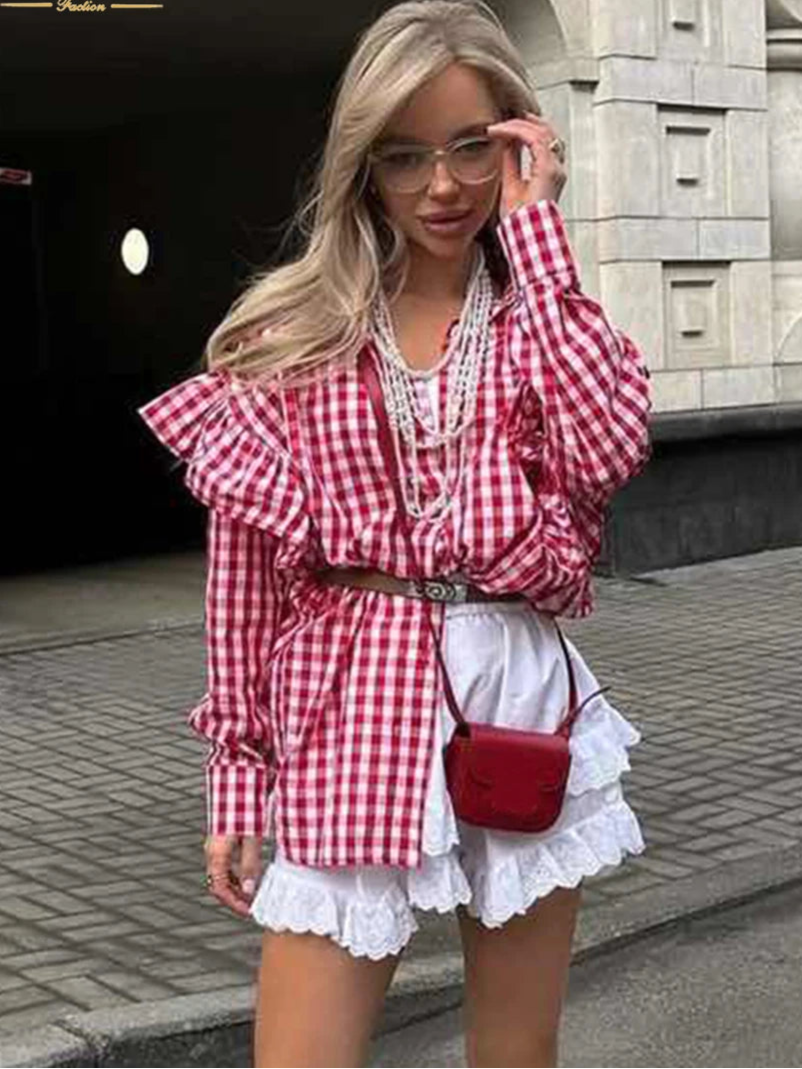 Loose Plaid Cotton  Blouse  Casual Long Sleeve Shirts