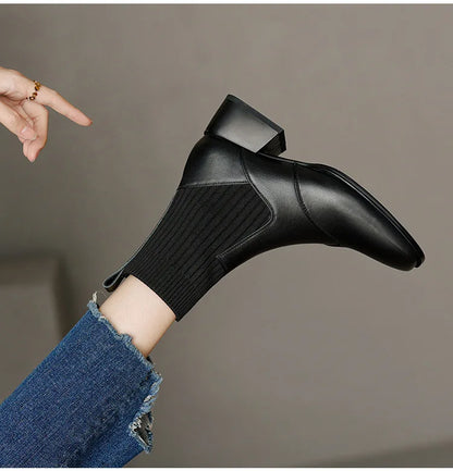 Short Boots Leather Thick Heels