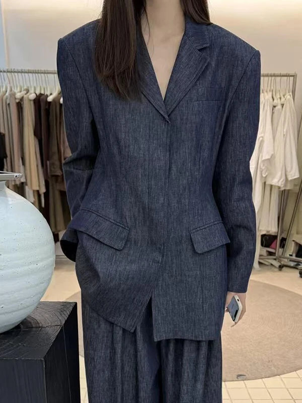 Summer -Denim Linen Blazer Pants Set  Two Piece