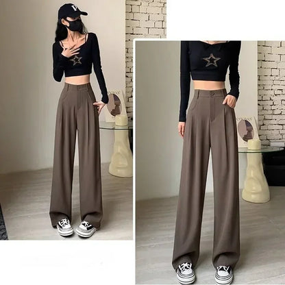 Women Fashion Suit Pants Lady Breathable Baggy High Waist Wide Leg Trousers Lady Straight Leg Gray Classic Office Long Pants
