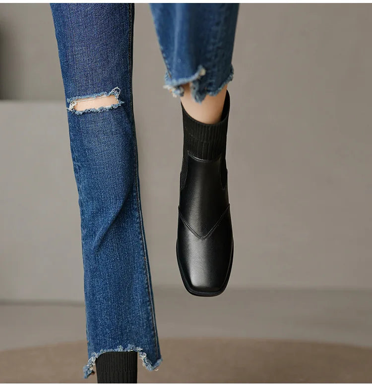 Short Boots Leather Thick Heels