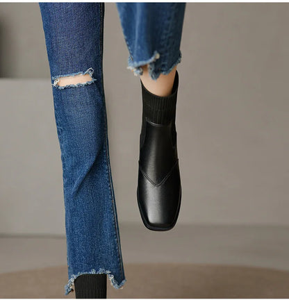 Short Boots Leather Thick Heels