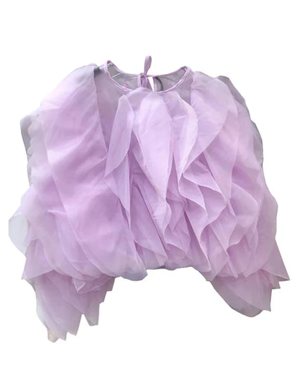 Vintage Patchwork Ruffle Shirt O Neck Lantern -Long Sleeve