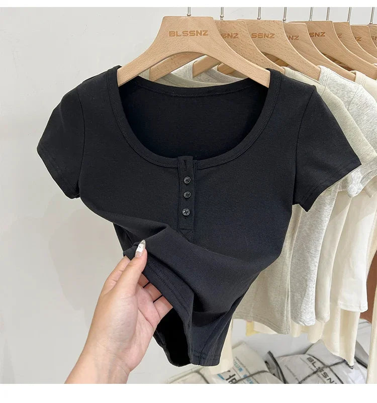 Button T-Shirt Tops Cotton Slim