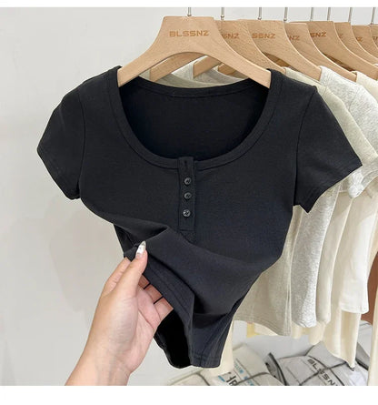 Button T-Shirt Tops Cotton Slim