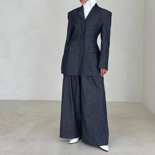 Summer -Denim Linen Blazer Pants Set  Two Piece