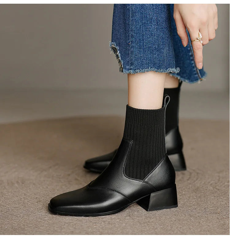 Short Boots Leather Thick Heels