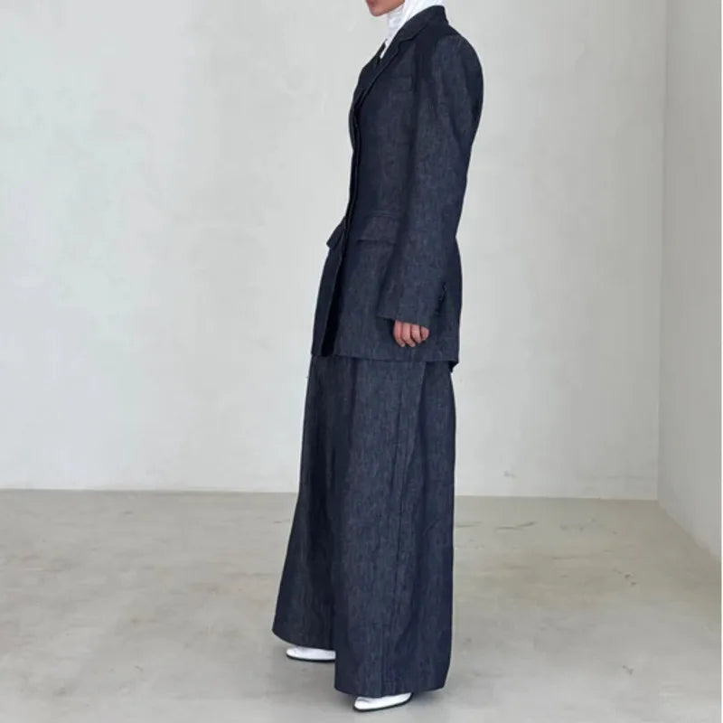 Summer -Denim Linen Blazer Pants Set  Two Piece