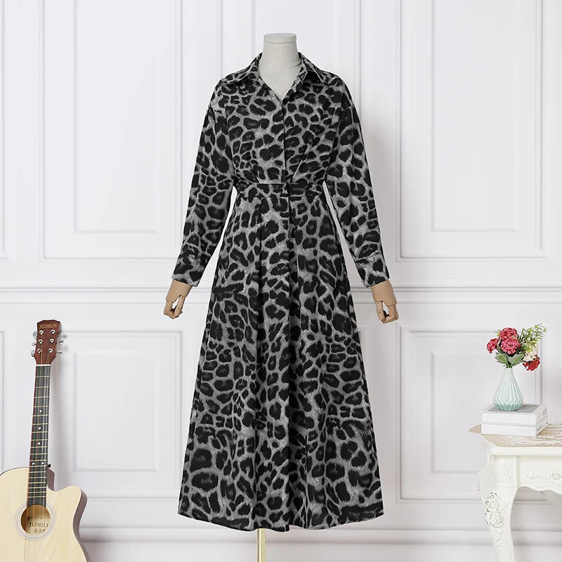 Elegant  Sundress Lapel Neck Long Sleeve Black Dress - Long Dress
