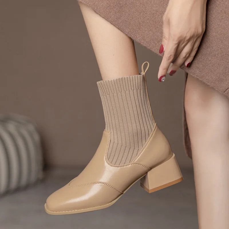 Short Boots Leather Thick Heels