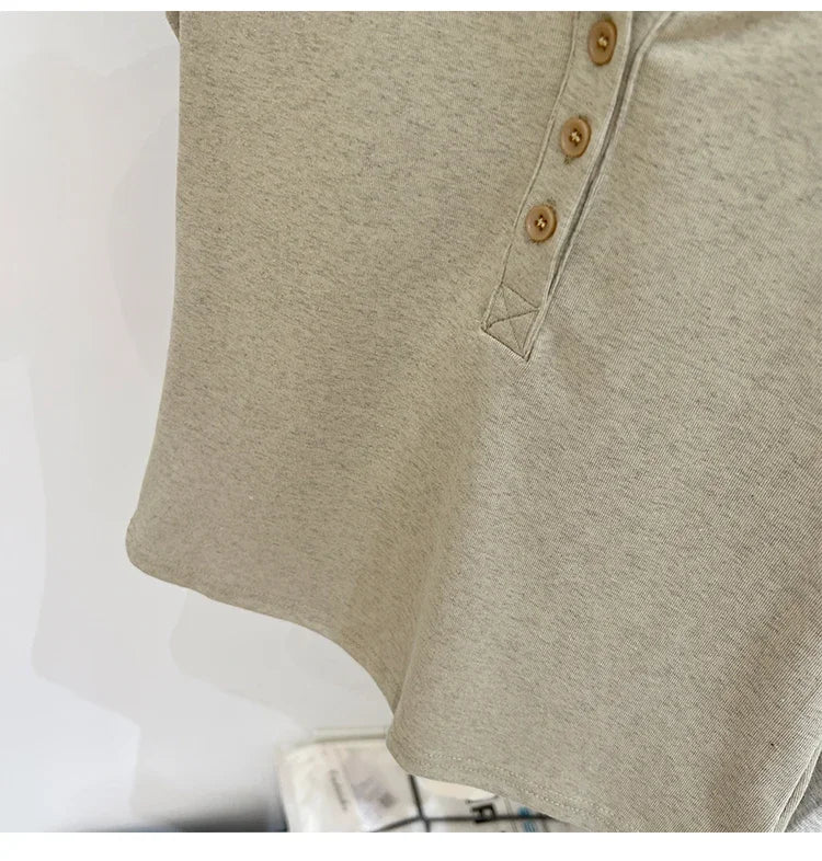 Button T-Shirt Tops Cotton Slim