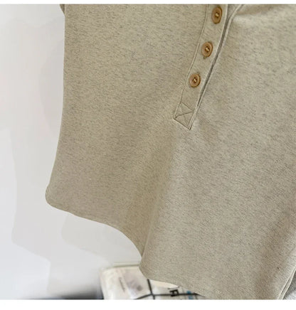 Button T-Shirt Tops Cotton Slim
