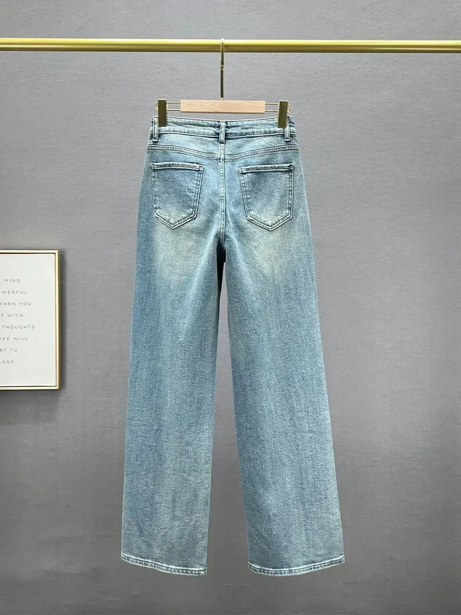 Rhinestone - High Waist Wash Jeans  Loose Slimming Straight-Leg Pants