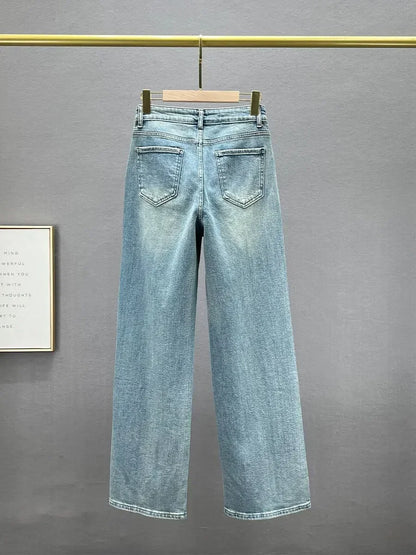 Rhinestone - High Waist Wash Jeans  Loose Slimming Straight-Leg Pants