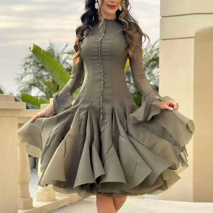 Slimming Dresses -  Long Sleeve High Waist Patchwork Ruffles