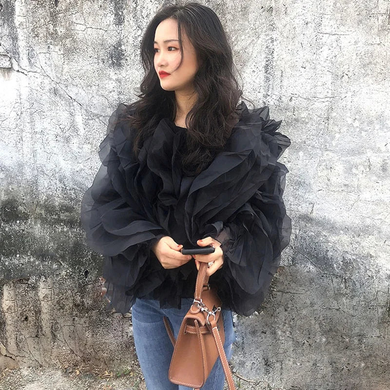 Vintage Patchwork Ruffle Shirt O Neck Lantern -Long Sleeve