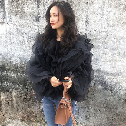 Vintage Patchwork Ruffle Shirt O Neck Lantern -Long Sleeve