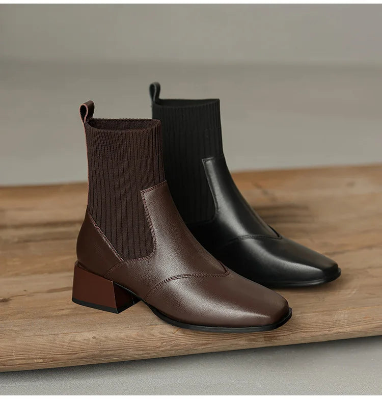 Short Boots Leather Thick Heels