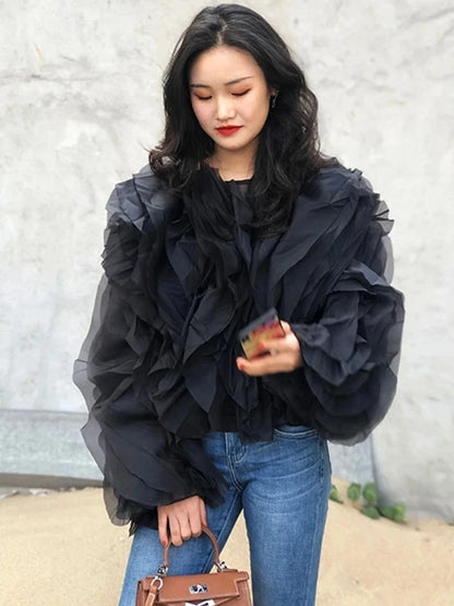 Vintage Patchwork Ruffle Shirt O Neck Lantern -Long Sleeve