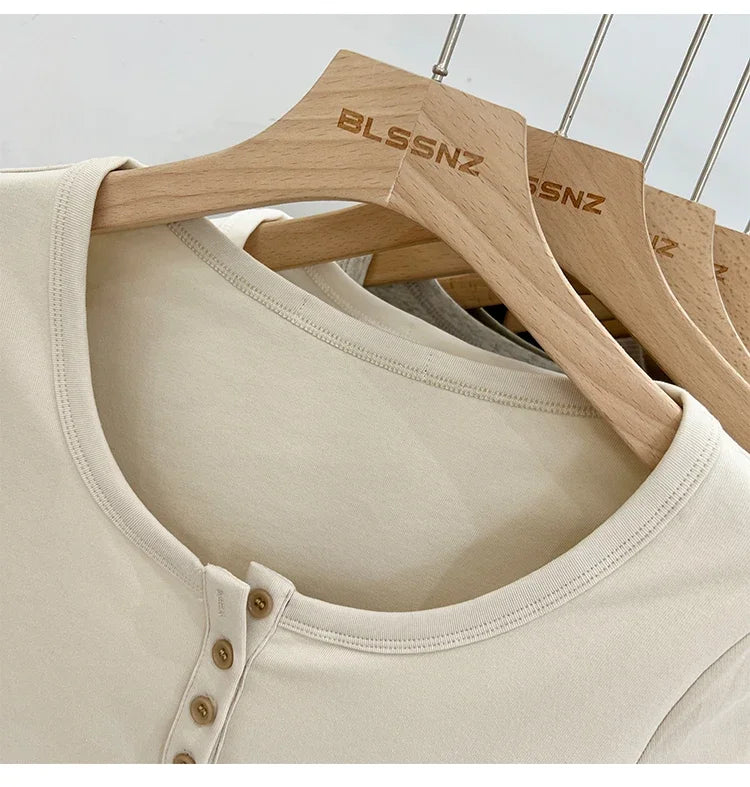 Button T-Shirt Tops Cotton Slim
