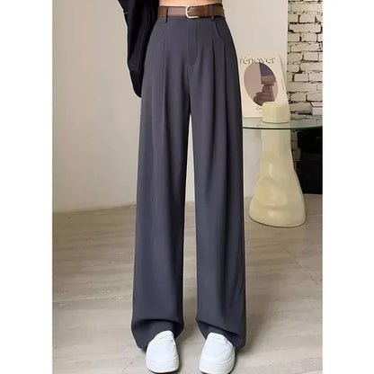Women Fashion Suit Pants Lady Breathable Baggy High Waist Wide Leg Trousers Lady Straight Leg Gray Classic Office Long Pants