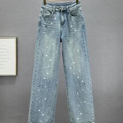 Rhinestone - High Waist Wash Jeans  Loose Slimming Straight-Leg Pants