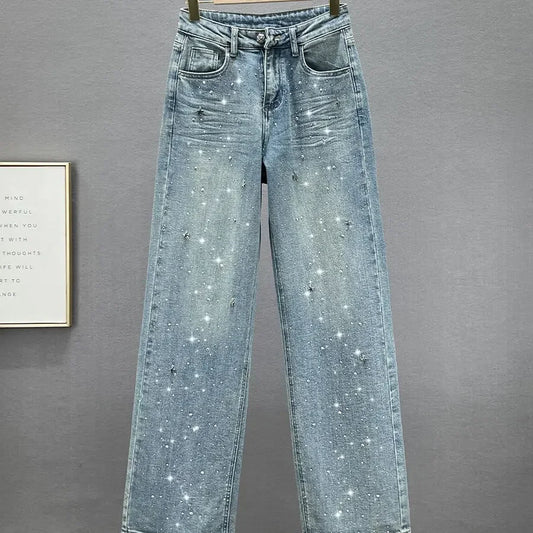 Rhinestone - High Waist Wash Jeans  Loose Slimming Straight-Leg Pants