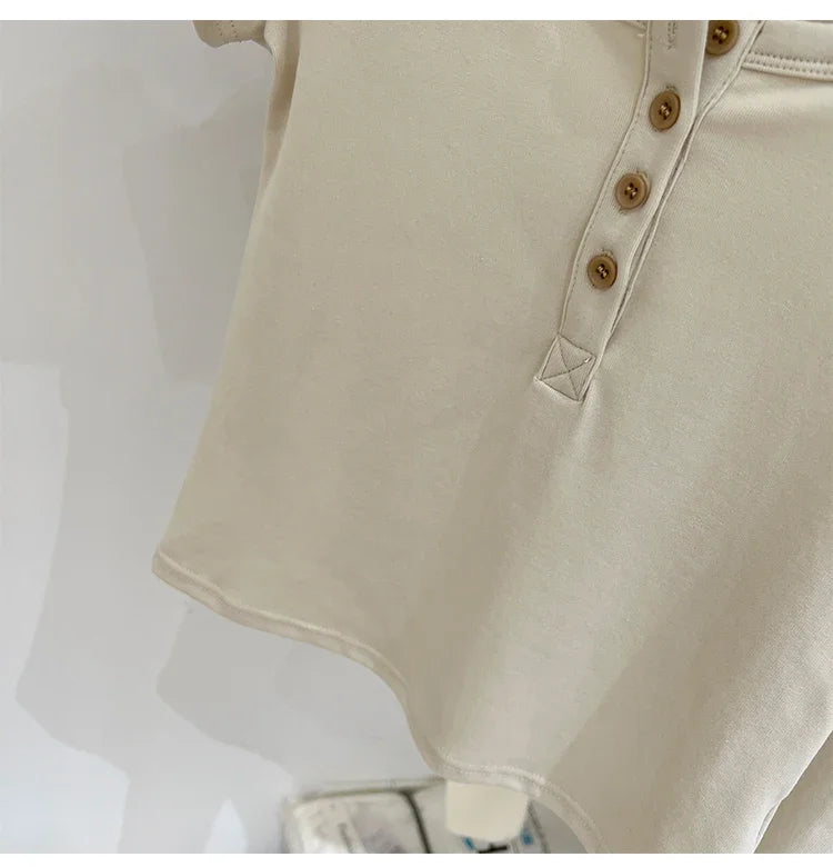 Button T-Shirt Tops Cotton Slim