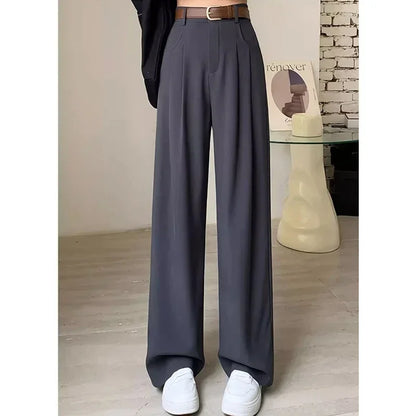 Women Fashion Suit Pants Lady Breathable Baggy High Waist Wide Leg Trousers Lady Straight Leg Gray Classic Office Long Pants
