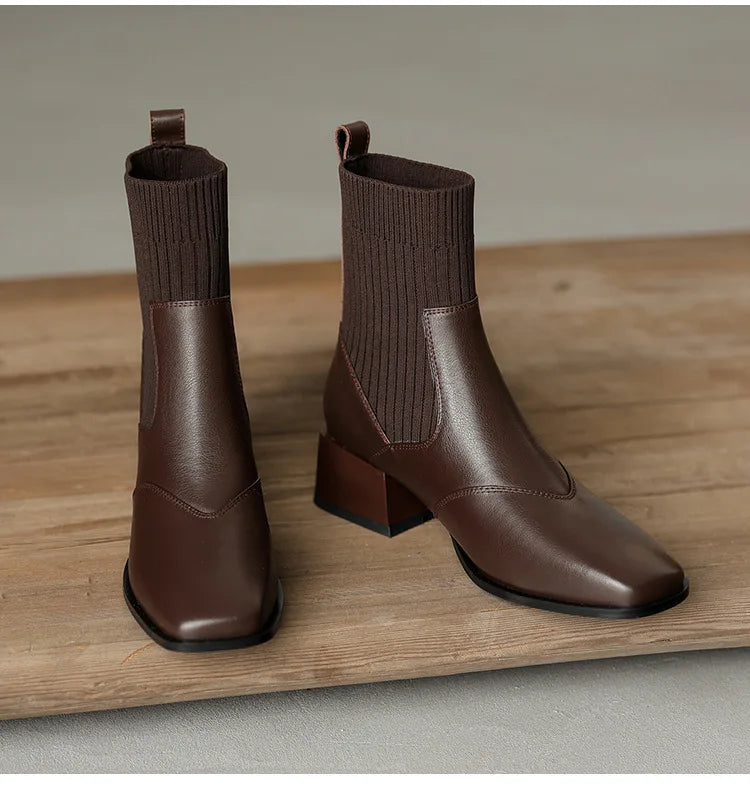 Short Boots Leather Thick Heels