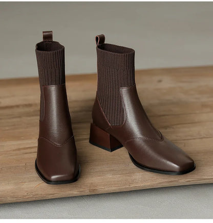 Short Boots Leather Thick Heels