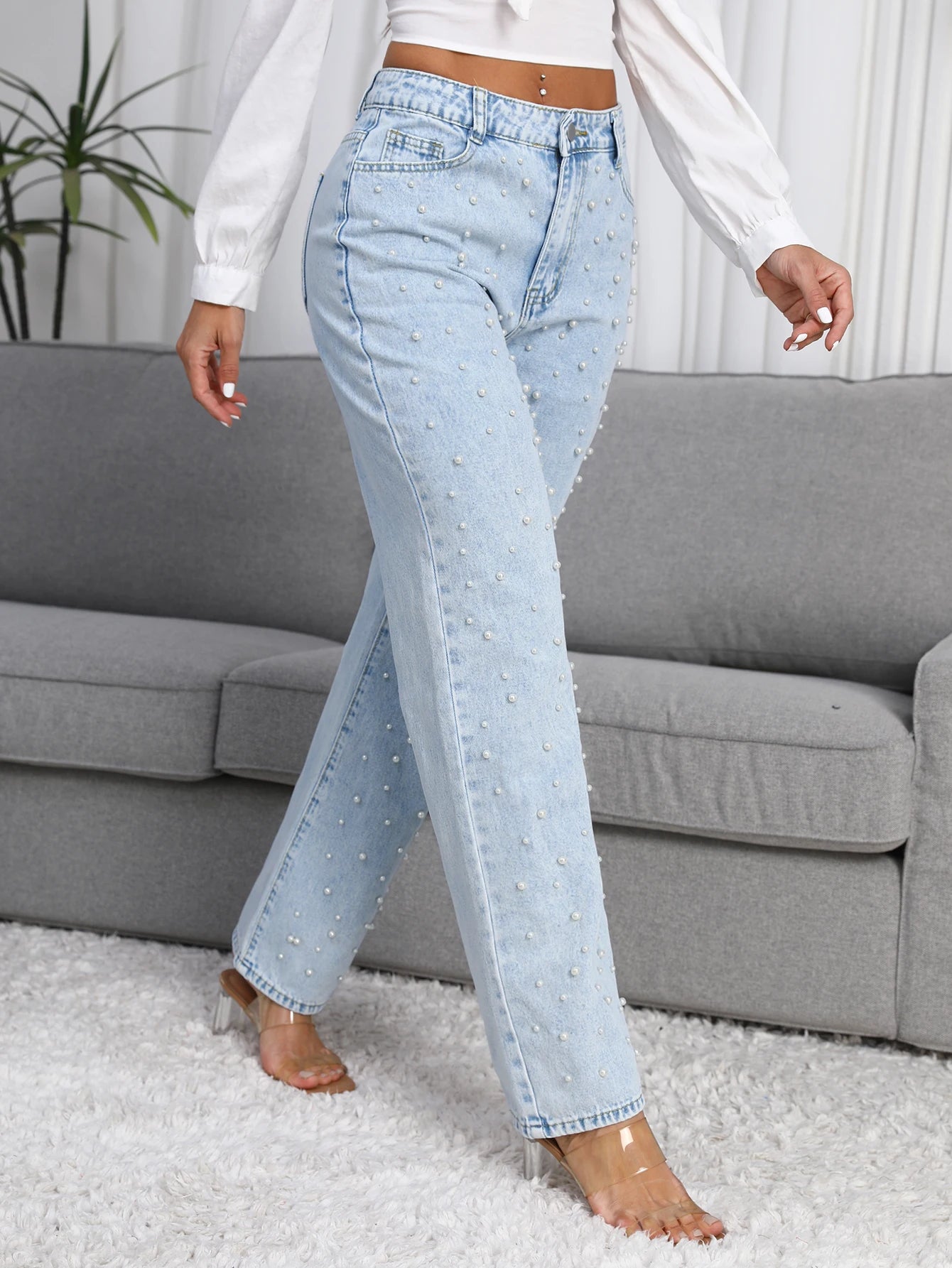 Straight-Leg Denim Jeans  Pearl Detail Casual Light Blue