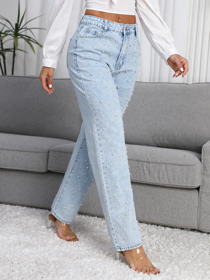 Straight-Leg Denim Jeans  Pearl Detail Casual Light Blue