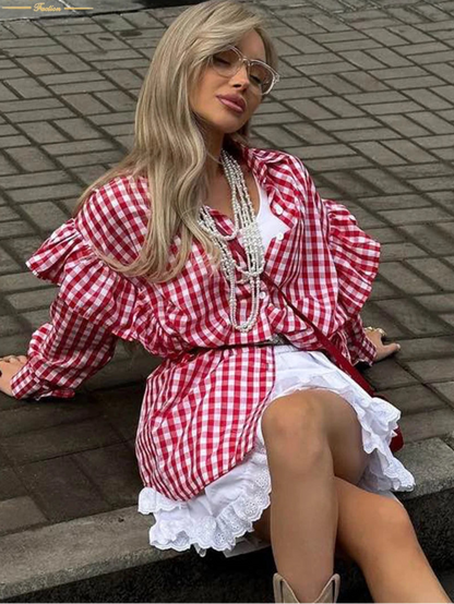 Loose Plaid Cotton  Blouse  Casual Long Sleeve Shirts