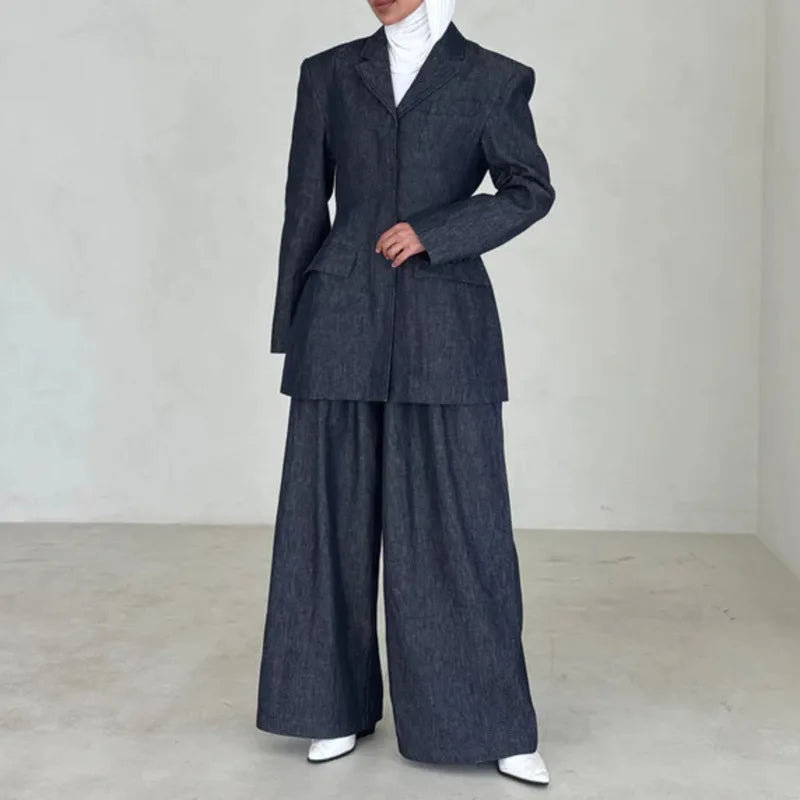 Summer -Denim Linen Blazer Pants Set  Two Piece