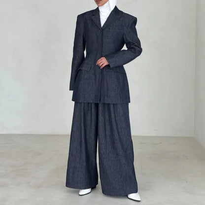 Summer -Denim Linen Blazer Pants Set  Two Piece