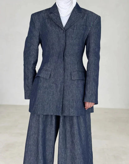 Summer -Denim Linen Blazer Pants Set  Two Piece