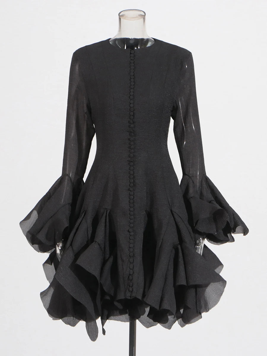 Slimming Dresses -  Long Sleeve High Waist Patchwork Ruffles