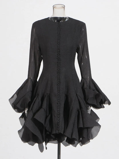 Slimming Dresses -  Long Sleeve High Waist Patchwork Ruffles