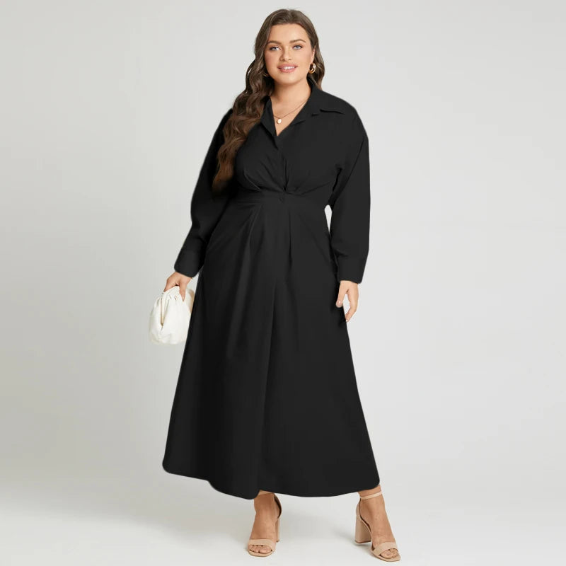 Elegant  Sundress Lapel Neck Long Sleeve Black Dress - Long Dress