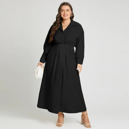 Elegant  Sundress Lapel Neck Long Sleeve Black Dress - Long Dress