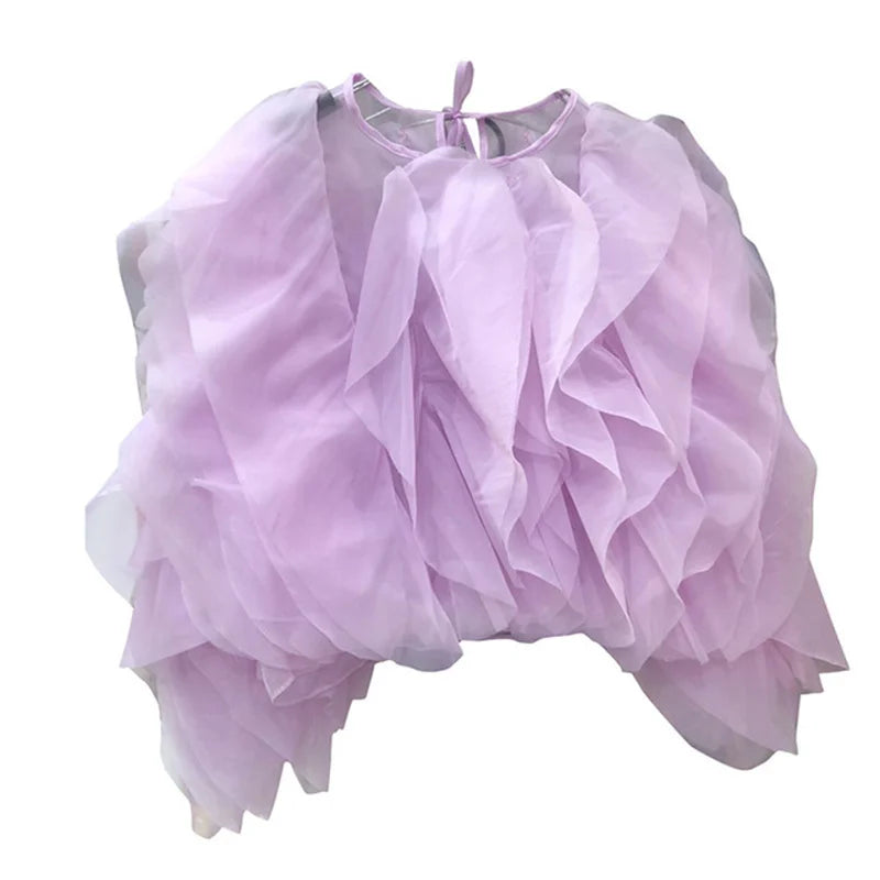 Vintage Patchwork Ruffle Shirt O Neck Lantern -Long Sleeve