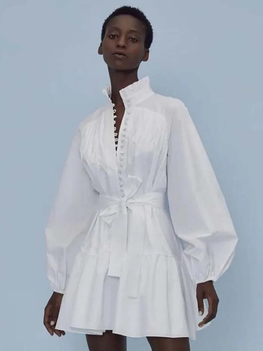 White Cotton Dress Casual - Long Sleeve