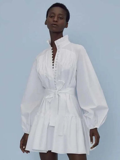 White Cotton Dress Casual - Long Sleeve