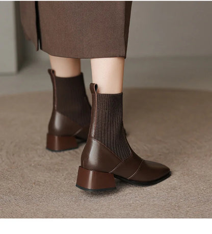 Short Boots Leather Thick Heels