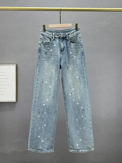Rhinestone - High Waist Wash Jeans  Loose Slimming Straight-Leg Pants